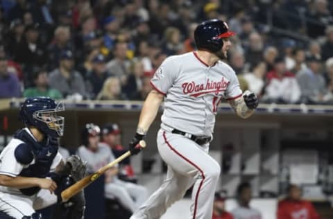 SAN DIEGO, CA – MAY 8: Matt Adams #15 of the Washington Nationals hits an RBI double during the fifth inning of a baseball game against San Diego Padres at PETCO Park on May 8, 2018 in San Diego, California. (Photo by Denis Poroy/Getty Images)