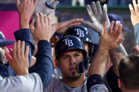 ANAHEIM, CA – MAY 18: Wilson Ramos #40 of the Tampa Bay Rays is greeted in the dugout after a two run home run in the third inning of the game against the Los Angeles Angels of Anaheim at Angel Stadium on May 18, 2018 in Anaheim, California. (Photo by Jayne Kamin-Oncea/Getty Images)