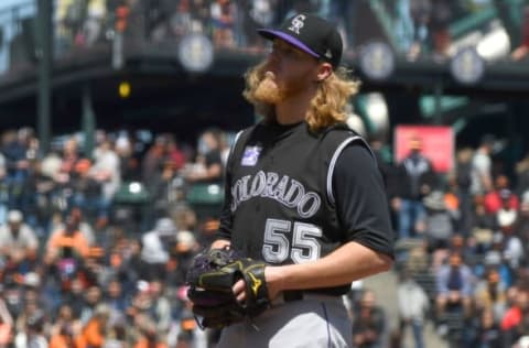 SAN FRANCISCO, CA – MAY 19: Starting pitcher Jon Gray #55 of the Colorado Rockies stand on the mound and looks on while waiting on manager Bud Black #10 to come take him out of the game against the San Francisco Giants in the bottom of the fourth inning at AT&T Park on May 19, 2018 in San Francisco, California. (Photo by Thearon W. Henderson/Getty Images)