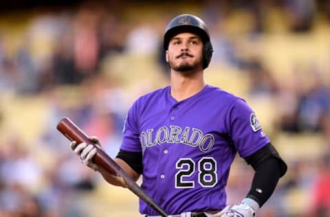 LOS ANGELES, CA – MAY 23: Nolan Arenado #28 of the Colorado Rockies reacts to a strike during the first inning against the Los Angeles Dodgers at Dodger Stadium on May 23, 2018 in Los Angeles, California. (Photo by Harry How/Getty Images)