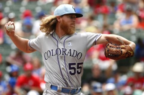 ARLINGTON, TX – JUNE 17: Jon Gray #55 of the Colorado Rockies pitches against the Texas Rangers during the first inning at Globe Life Park in Arlington on June 17, 2018 in Arlington, Texas. (Photo by Ron Jenkins/Getty Images)