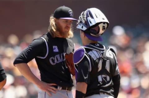 SAN FRANCISCO, CA – JUNE 28: Tony Wolters #14 comes out to talk to Jon Gray #55 of the Colorado Rockies in the fourth inning against the San Francisco Giants at AT&T Park on June 28, 2018 in San Francisco, California. (Photo by Ezra Shaw/Getty Images)