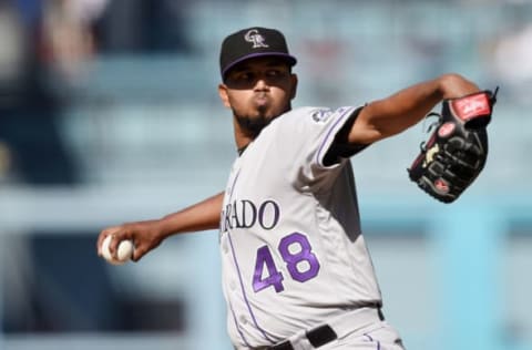 LOS ANGELES, CA – JUNE 30: Starting pitcher German Marquez #48 of the Colorado Rockies throws a pitch against Los Angeles Dodgers during the first inning at Dodger Stadium on June 30, 2018 in Los Angeles, California. (Photo by Kevork Djansezian/Getty Images)