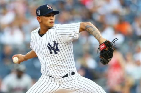 NEW YORK, NY – JULY 02: Jonathan Loaisiga #38 of the New York Yankees pitchesin the first inning against the Atlanta Braves at Yankee Stadium on July 2, 2018 in the Bronx borough of New York City. (Photo by Mike Stobe/Getty Images)