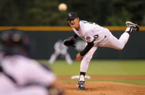 DENVER, CO – APRIL 17: Starting pitcher Jamie Moyer #50 of the Colorado Rockies delivers against the San Diego Padres at Coors Field on April 17, 2012 in Denver, Colorado. Moyer became the oldest player in the major leagues to record a win as the Rockies defeated the Padres 5-3. (Photo by Doug Pensinger/Getty Images)