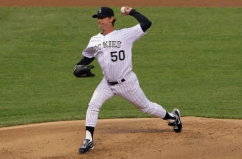 DENVER, CO – APRIL 17: Starting pitcher Jamie Moyer #50 of the Colorado Rockies delivers against the San Diego Padres at Coors Field on April 17, 2012 in Denver, Colorado. Moyer became the oldest player in the major leagues to record a win as the Rockies defeated the Padres 5-3. (Photo by Doug Pensinger/Getty Images)