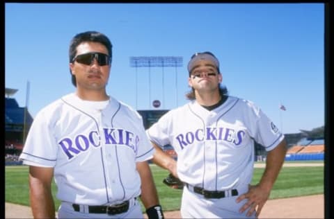 2 Jul 1995: Left fielder Dante Bichette and third baseman Vinny Castilla of the Colorado Rockies stand on the field before a game against the Los Angeles Dodgers at Dodger Stadium in Los Angeles, California. The Rockies won the game 10-1. Getty Images.