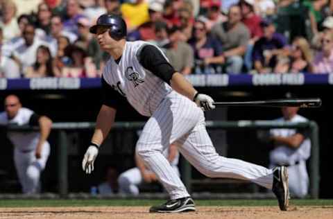 DENVER – MAY 18: Catcher Chris Iannetta #20 of the Colorado Rockies takes an at bat against the Minnesota Twins during Interleague MLB action at Coors Field on May 18, 2008 in Denver, Colorado. The Rockies defeated the Twins 6-2. (Photo by Doug Pensinger/Getty Images)