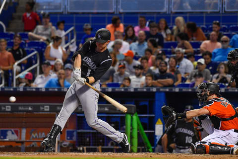 MIAMI, FL – AUGUST 13: Ryan McMahon #1 of the Colorado Rockies records his first major league hit in the eighth inning during the game between the Miami Marlins and the Colorado Rockies at Marlins Park on August 13, 2017 in Miami, Florida. (Photo by Mark Brown/Getty Images)