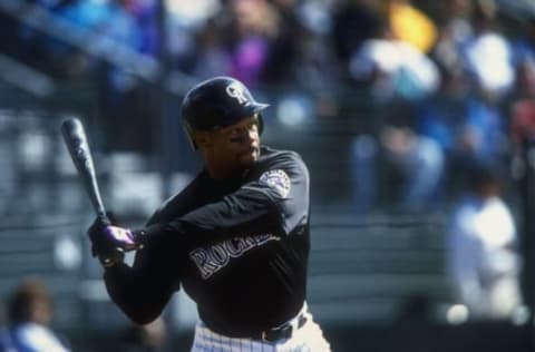 7 Mar 1998: Outfielder Ellis Burks of the Colorado Rockies in action during a spring training game against the Arizona Diamondbacks at the Hi Corbett Field in Tucson, Arizona. Mandatory Credit: Todd Warshaw /Allsport. Getty Iamges.