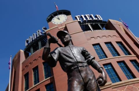 DENVER, CO – APRIL 10: The statue of ‘The Player’ stands sentry outside the stadium as the Colorado Rockies host the Chicago Cubs during the Rockies home opener at Coors Field on April 10, 2015 in Denver, Colorado. (Photo by Doug Pensinger/Getty Images)