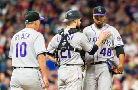 CLEVELAND, OH – AUGUST 8: Catcher Jonathan Lucroy #21 talks to starting pitcher German Marquez #48 just before manager Bud Black #10 of the Colorado Rockies removes Marquez from the game during the seventh inning against the Cleveland Indians at Progressive Field on August 8, 2017 in Cleveland, Ohio. (Photo by Jason Miller/Getty Images)