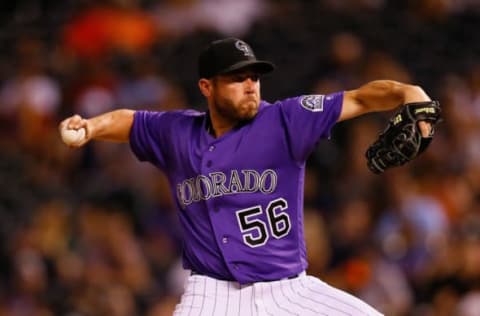 DENVER, CO – AUGUST 28: Relief pitcher Greg Holland #56 of the Colorado Rockies delivers to home plate against the Detroit Tigers during the ninth inning of an interleague game at Coors Field on August 28, 2017 in Denver, Colorado. (Photo by Justin Edmonds/Getty Images)