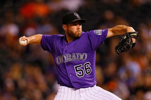 DENVER, CO – AUGUST 28: Relief pitcher Greg Holland #56 of the Colorado Rockies delivers to home plate against the Detroit Tigers during the ninth inning of an interleague game at Coors Field on August 28, 2017 in Denver, Colorado. (Photo by Justin Edmonds/Getty Images)