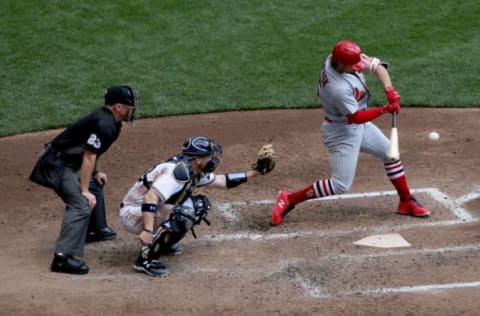 MILWAUKEE, WI – AUGUST 30: Randal Grichuk #15 of the St. Louis Cardinals hits a home run in the fifth inning against the Milwaukee Brewers at Miller Park on August 30, 2017 in Milwaukee, Wisconsin. (Photo by Dylan Buell/Getty Images)