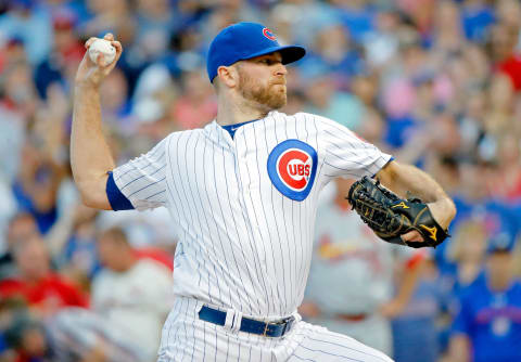 CHICAGO, IL – SEPTEMBER 16: Wade Davis #71 of the Chicago Cubs pitches against the St. Louis Cardinals during the ninth inning at Wrigley Field on September 16, 2017 in Chicago, Illinois. The Chicago Cubs won 4-1. (Photo by Jon Durr/Getty Images)