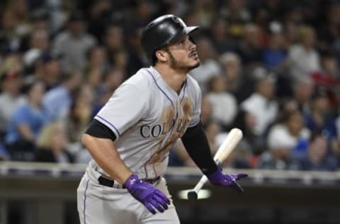 SAN DIEGO, CA – SEPTEMBER 22: Nolan Arenado #28 of the Colorado Rockies hits a solo home run during the fifth inning of a baseball game against the San Diego Padres at PETCO Park on September 22, 2017 in San Diego, California. (Photo by Denis Poroy/Getty Images)