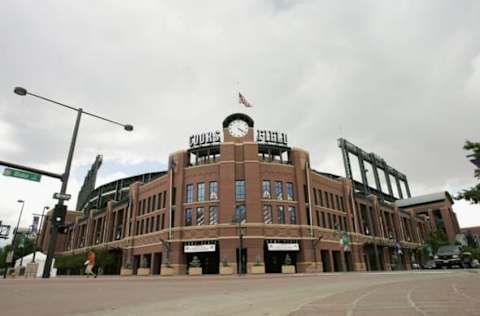 DENVER – JUNE 14: A general view of the exterior home plate entrance to Coors Field, home of the Colorado Rockies on June 14, 2004 in Denver, Colorado. (Photo by Brian Bahr/Getty Images)