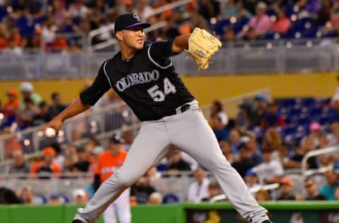 MIAMI, FL – AUGUST 13: Carlos Estevez #54 of the Colorado Rockies pitches in the eighth inning during the game between the Miami Marlins and the Colorado Rockies at Marlins Park on August 13, 2017 in Miami, Florida. (Photo by Mark Brown/Getty Images)