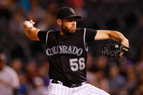 DENVER, CO – SEPTEMBER 5: Relief pitcher Greg Holland #56 of the Colorado Rockies delivers to home plate during the ninth inning against the San Francisco Giants at Coors Field on September 5, 2017, in Denver, Colorado. (Photo by Justin Edmonds/Getty Images)