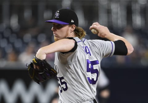 SAN DIEGO, CA – SEPTEMBER 22: Jon Gray #55 of the Colorado Rockies pitches during the first inning of a baseball game against the San Diego Padres at PETCO Park on September 22, 2017 in San Diego, California. (Photo by Denis Poroy/Getty Images)