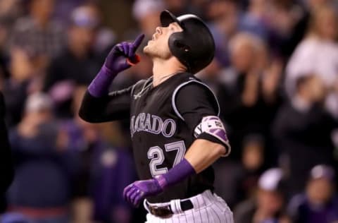 DENVER, CO – SEPTEMBER 29: Trevor Story #27 of the Colorado Rockies celebrates as he crosses the plater after hitting a 2 RBI home run in the fourth inning against the Los Angeles Dodgers at Coors Field on September 29, 2017 in Denver, Colorado. (Photo by Matthew Stockman/Getty Images)