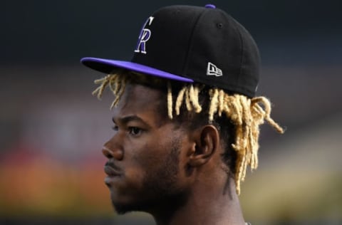 PHOENIX, AZ – OCTOBER 04: Raimel Tapia #7 of the Colorado Rockies watches batting practice before the start of the National League Wild Card game against the Arizona Diamondbacks at Chase Field on October 4, 2017 in Phoenix, Arizona. (Photo by Norm Hall/Getty Images)