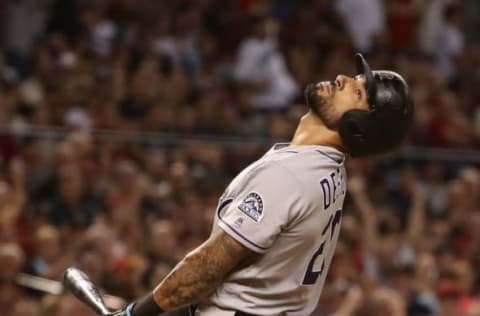 PHOENIX, AZ – OCTOBER 04: Ian Desmond #20 of the Colorado Rockies reacts after striking out during the top of the seventh inning during the National League Wild Card game against the Arizona Diamondbacks at Chase Field on October 4, 2017 in Phoenix, Arizona. (Photo by Christian Petersen/Getty Images)