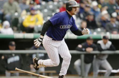 DENVER – APRIL 5: Right fielder Larry Walker #33 of the Colorado Rockies runs to first base during the game against the Arizona Diamondbacks at Coors Field on April 5, 2003 in Denver, Colorado. The Rockies defeated the Diamondbacks 4-3. (Photo by Brian Bahr/Getty Images)