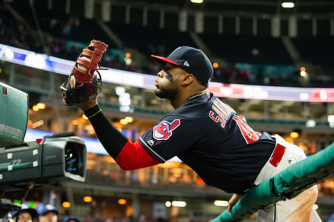 CLEVELAND, OH – MAY 15: First baseman Carlos Santana #41 of the Cleveland Indians catches a fly ball off the bat of Derek Norris of the Tampa Bay Rays to end the game at Progressive Field on May 15, 2017 in Cleveland, Ohio. The Indians defeated the Rays 8-7. (Photo by Jason Miller/Getty Images)