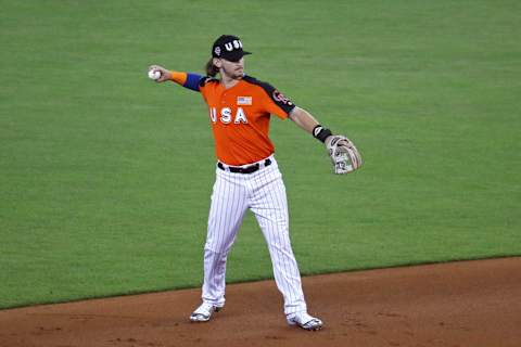 MIAMI, FL – JULY 09: Brendan Rodgers #1 of the Colorado Rockies and the U.S. Team fields the ball against the World Team during the SiriusXM All-Star Futures Game at Marlins Park on July 9, 2017 in Miami, Florida. (Photo by Rob Carr/Getty Images)