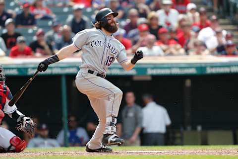 CLEVELAND, OH – AUGUST 09: Charlie Blackmon #19 of the Colorado Rockies singles against the Cleveland Indians in the tenth inning at Progressive Field on August 9, 2017 in Cleveland, Ohio. The Rockies defeated the Indians 3-2 in 12 innings. (Photo by David Maxwell/Getty Images)