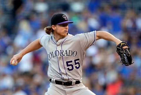 KANSAS CITY, MO – AUGUST 22: Starting pitcher Jon Gray #55 of the Colorado Rockies pitches during the 1st inning of the game against the Kansas City Royals at Kauffman Stadium on August 22, 2017 in Kansas City, Missouri. (Photo by Jamie Squire/Getty Images)