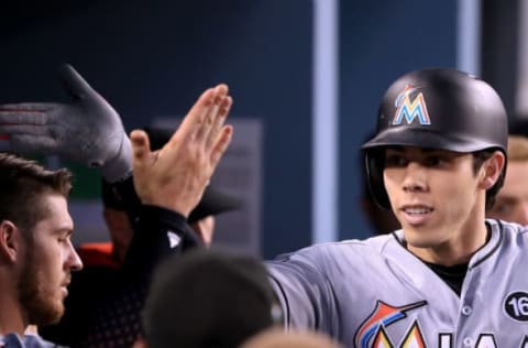 LOS ANGELES, CA – MAY 18: Christian Yelich #21 of the Miami Marlins celebrates his solo homerun to trail 4-2 to the Los Angeles Dodgers during the third inning at Dodger Stadium on May 18, 2017 in Los Angeles, California. (Photo by Harry How/Getty Images)