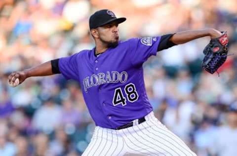 DENVER, CO – AUGUST 18: German Marquez #48 of the Colorado Rockies pitches against the Milwaukee Brewers in the second inning of a game at Coors Field on August 18, 2017 in Denver, Colorado. (Photo by Dustin Bradford/Getty Images)