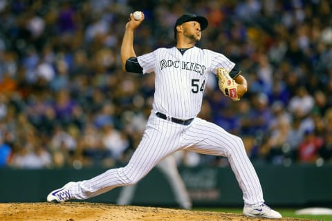 DENVER, CO – SEPTEMBER 6: Relief pitcher Carlos Estevez #54 of the Colorado Rockies delivers to home plate during the fourth inning against the San Francisco Giants at Coors Field on September 6, 2017 in Denver, Colorado. (Photo by Justin Edmonds/Getty Images)