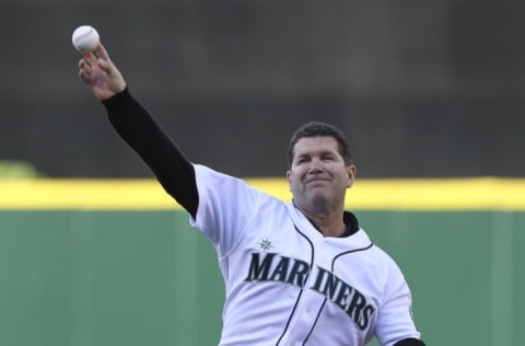 SEATTLE, WA – JUNE 08: Former Seattle Mariners great Edgar Martinez throws out the ceremonial first pitch prior to the game between the Seattle Mariners and the Los Angeles Dodgers at Safeco Field on June 8, 2012 in Seattle, Washington. (Photo by Otto Greule Jr/Getty Images)