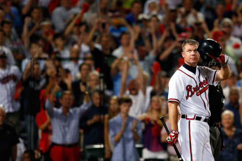 ATLANTA, GA – OCTOBER 05: Chipper Jones #10 of the Atlanta Braves tips his helmet to the crowd before his final at bat before the Braves lose to the St. Louis Cardinals 6-3 during the National League Wild Card playoff game at Turner Field on October 5, 2012 in Atlanta, Georgia. (Photo by Kevin C. Cox/Getty Images)