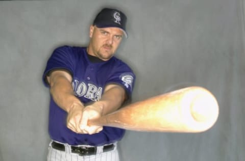 TUCSON, AZ – FEBRUARY 24: Right fielder Larry Walker #33 of the Colorado Rockies takes a swing during spring training on media day February 24, 2003, at Hi Corbett Field in Tucson, Arizona. (Photo by Brian Bahr/Getty Images)