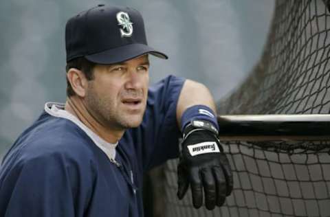 NAHEIM, CA – APRIL 18: Edgar Martinez #11 of the Seattle Mariners looks out on the field during batting practice before the game against the Anaheim Angels at Edison Field on April 18, 2003 in Anaheim, California. The Mariners defeated the Angels 8-2. (Photo by Jeff Gross/Getty Images)