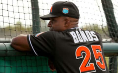 MIAMI, FL – FEBRUARY 22: Former Marlins hitting coach Barry Bonds during a Miami Marlins workout on February 22, 2016 in Jupiter, Florida. (Photo by Rob Foldy/Getty Images)