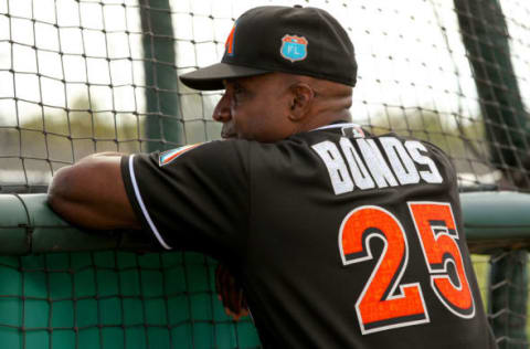 MIAMI, FL – FEBRUARY 22: New Marlins hitting coach Barry Bonds during a Miami Marlins workout on February 22, 2016 in Jupiter, Florida. (Photo by Rob Foldy/Getty Images)