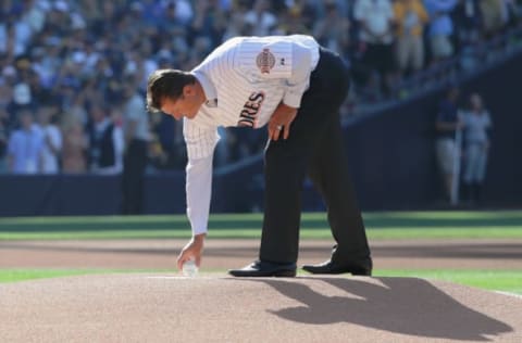 SAN DIEGO, CA – JULY 12: Former San Diego Padre Trevor Hoffman places the game ball on the pitcher’s mound prior to the 87th Annual MLB All-Star Game at PETCO Park on July 12, 2016 in San Diego, California. (Photo by Harry How/Getty Images)