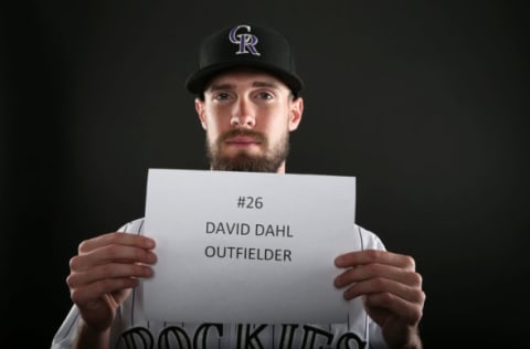 SCOTTSDALE, AZ – FEBRUARY 23: David Dahl #26 of the Colorado Rockies poses for a portrait during photo day at Salt River Fields at Talking Stick on February 23, 2017 in Scottsdale, Arizona. (Photo by Chris Coduto/Getty Images)