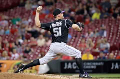 CINCINNATI, OH – MAY 19: Jake McGee #51 of the Colorado Rockies throws a pitch in the ninth inning against the Cincinnati Reds at Great American Ball Park on May 19, 2017 in Cincinnati, Ohio. (Photo by Andy Lyons/Getty Images)