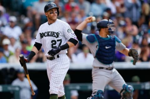 DENVER, CO – MAY 29: Trevor Story #27 of the Colorado Rockies looks towards the outfield after striking out in the ninth inning during interleague play against the Seattle Mariners at Coors Field on May 29, 2017 in Denver, Colorado. The Mariners defeated the Rockies 6-5. (Photo by Justin Edmonds/Getty Images)