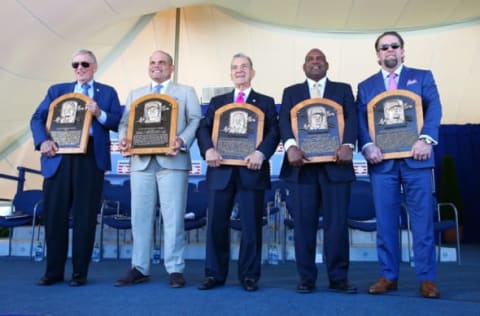 COOPERSTOWN, NY – JULY 30: Bud Selig, Ivan Rodriguez, John Schuerholz, Tim Raines and Jeff Bagewell pose for a photo at Clark Sports Center during the Baseball Hall of Fame induction ceremony on July 30, 2017 in Cooperstown, New York. (Photo by Mike Stobe/Getty Images)