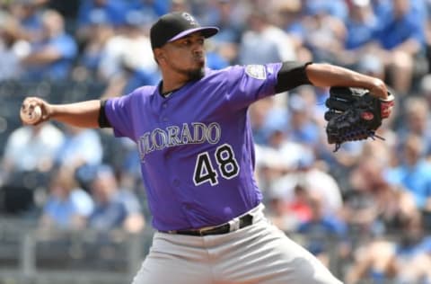 KANSAS CITY, MO – AUGUST 24: German Marquez #48 of the Colorado Rockies throws in the first inning against the Kansas City Royals at Kauffman Stadium on August 24, 2017 in Kansas City, Missouri. (Photo by Ed Zurga/Getty Images)