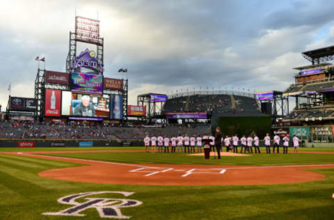 DENVER, CO – SEPTEMBER 15: Manager Clint Hurdle of the Pittsburgh Pirates, and former manager of the Colorado Rockies, delivers a message via the jumbotron to a group of the members of the 2007 National League champion Colorado Rockies team before a game between the Colorado Rockies and the San Diego Padres at Coors Field on September 15, 2017 in Denver, Colorado. (Photo by Dustin Bradford/Getty Images)