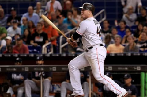 MIAMI, FL – SEPTEMBER 29: Justin Bour #41 of the Miami Marlins hits a two RBI double in the seventh inning during a game against the Atlanta Braves at Marlins Park on September 29, 2017 in Miami, Florida. (Photo by Mike Ehrmann/Getty Images)